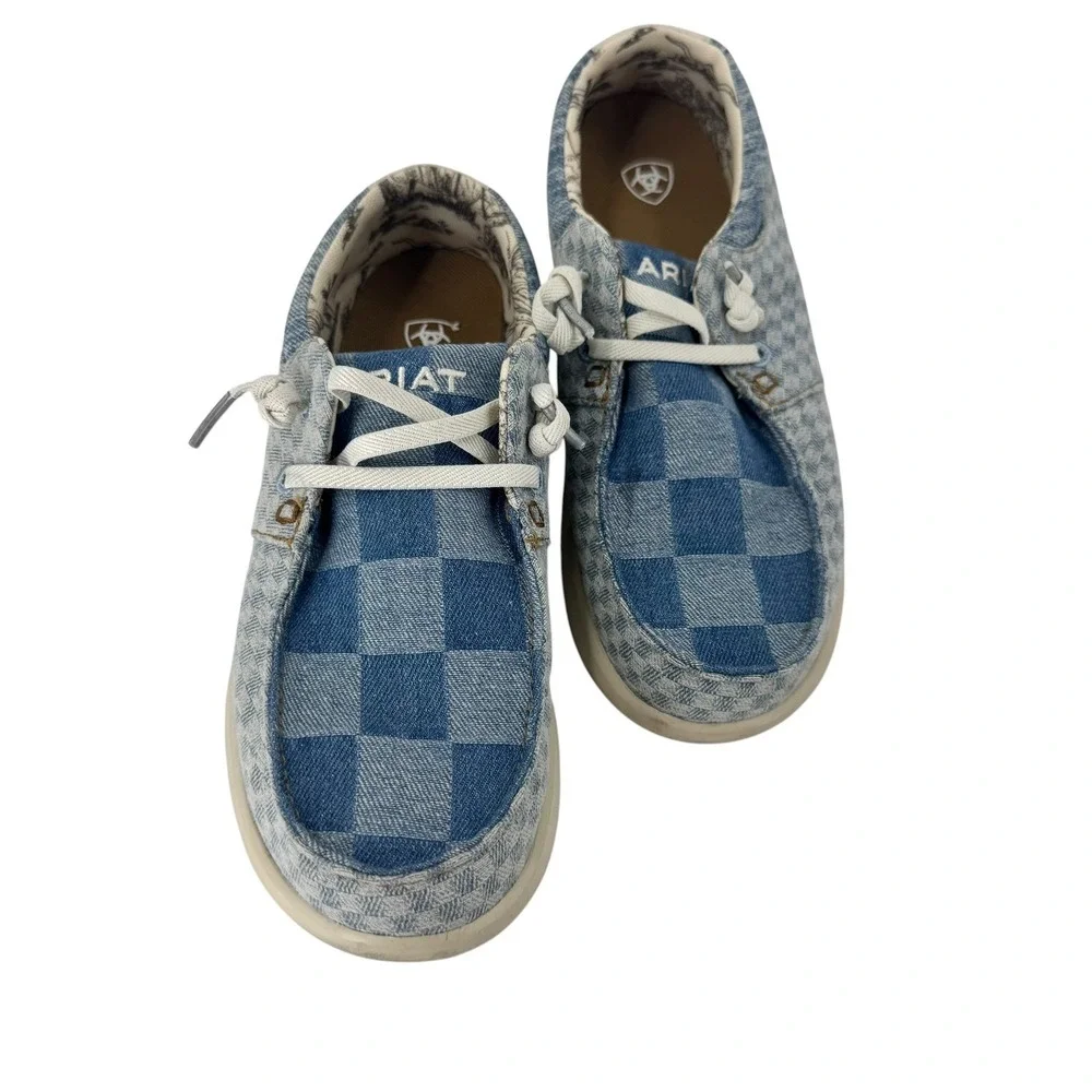 Ariat Hilo Women Blue‎ Checkerboard Denim Loafers Moc Toe Shoes  7.5